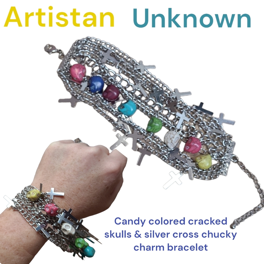 Women's Mult Color Candy cracked skull silver cross mult strand charm bracelet